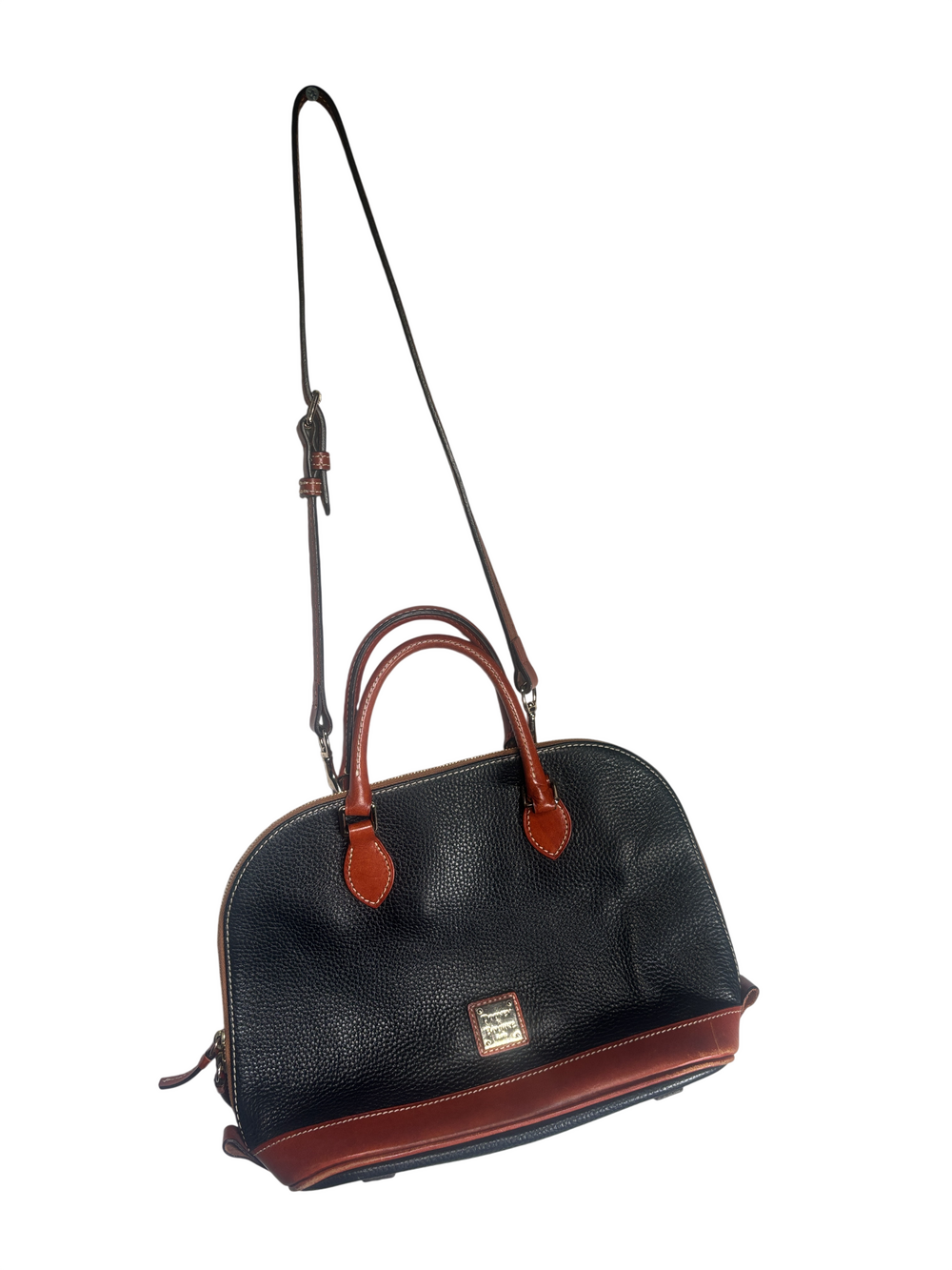 Vintage Dooney And Bourke Black Pebbled Leather Dome Satchel Bag Tan Trim Should